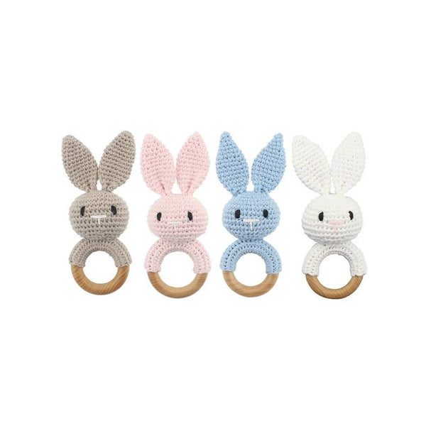 Holz Beißring 4er Set – BPA-frei & Rassel-Greifling