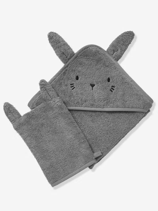 Baby-Set aus Badetuch und Waschhandschuh - anthrazit/hase