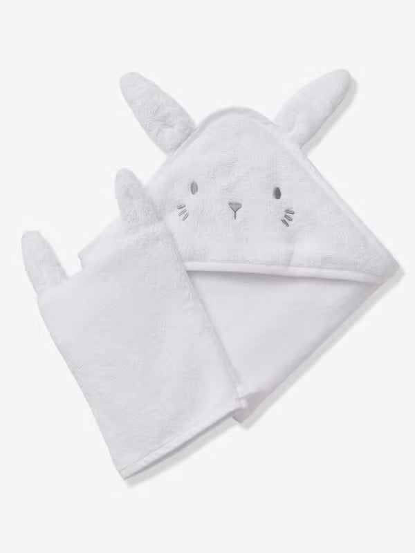 Baby-Set aus Badetuch und Waschhandschuh - weiß/hase