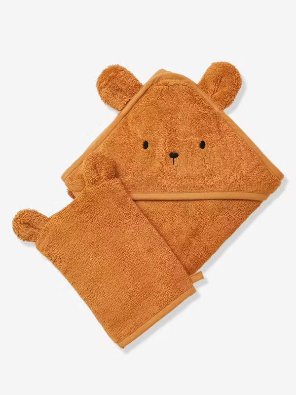 Baby-Set aus Badetuch und Waschhandschuh - karamell/bär